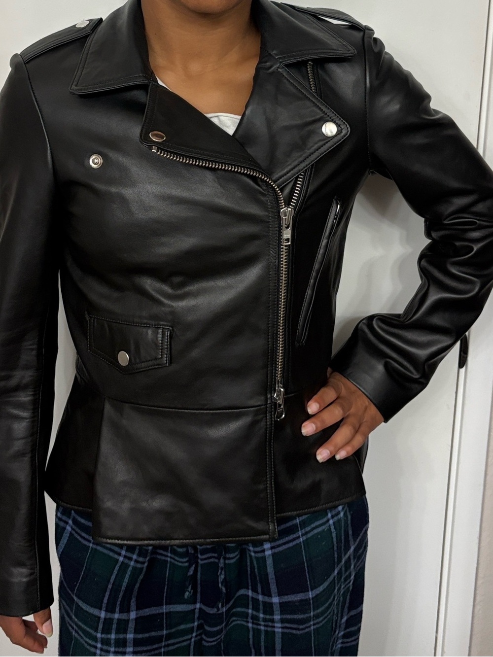 Classic Barney’s Black Leather Motorcycle Jacket w peplum detail